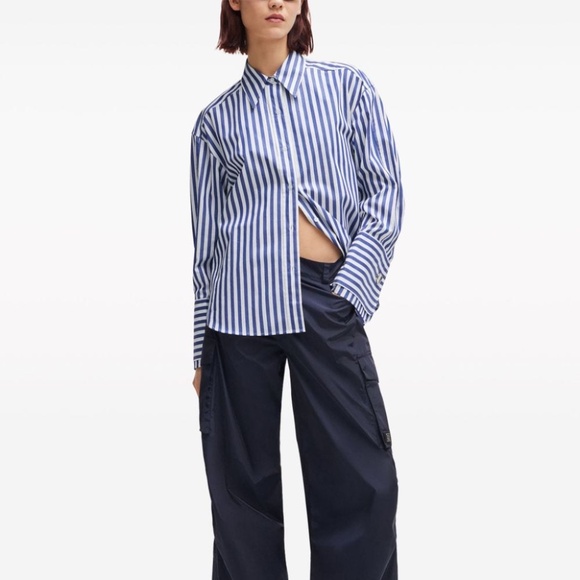 New! HUGO BOSS Oversized Shirt, Blue and Navy Stripe, Size 34 - Picture 4 of 9